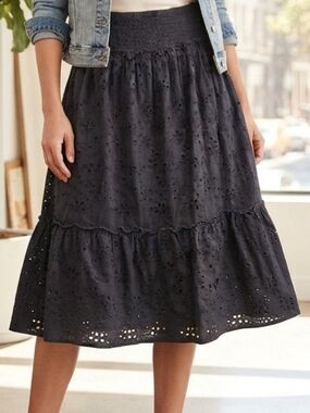 House of Harlow 1960 Black Eyelet Tiered Midi Skirt Size XL
